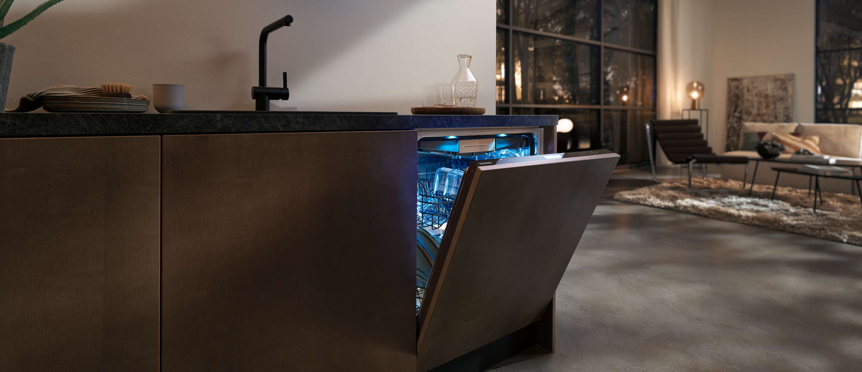 Siemens Geschirrspüler extraklasse studioLine geöffnet innen blau leuchtend